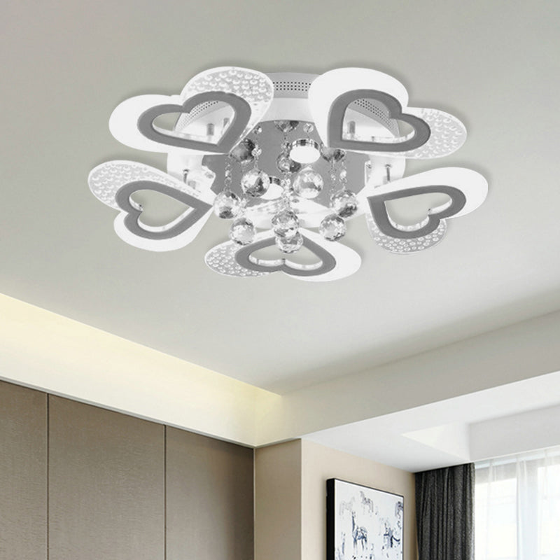 Modern Loving Heart Flush Ceiling Light Acrylic LED Bedroom Semi Flush Lamp Fixture in White with Crystal Ball Decor Clearhalo 'Ceiling Lights' 'Close To Ceiling Lights' 'Close to ceiling' 'Semi-flushmount' Lighting' 898343