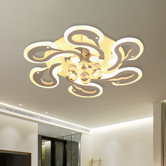 Swan Shape Semi Mount Lighting Modern Acrylic 6 Heads White Finish LED Flush Ceiling Lamp with Crystal Droplet White Clearhalo 'Ceiling Lights' 'Close To Ceiling Lights' 'Close to ceiling' 'Semi-flushmount' Lighting' 898346