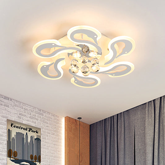 Swan Shape Semi Mount Lighting Modern Acrylic 6 Heads White Finish LED Flush Ceiling Lamp with Crystal Droplet Clearhalo 'Ceiling Lights' 'Close To Ceiling Lights' 'Close to ceiling' 'Semi-flushmount' Lighting' 898347
