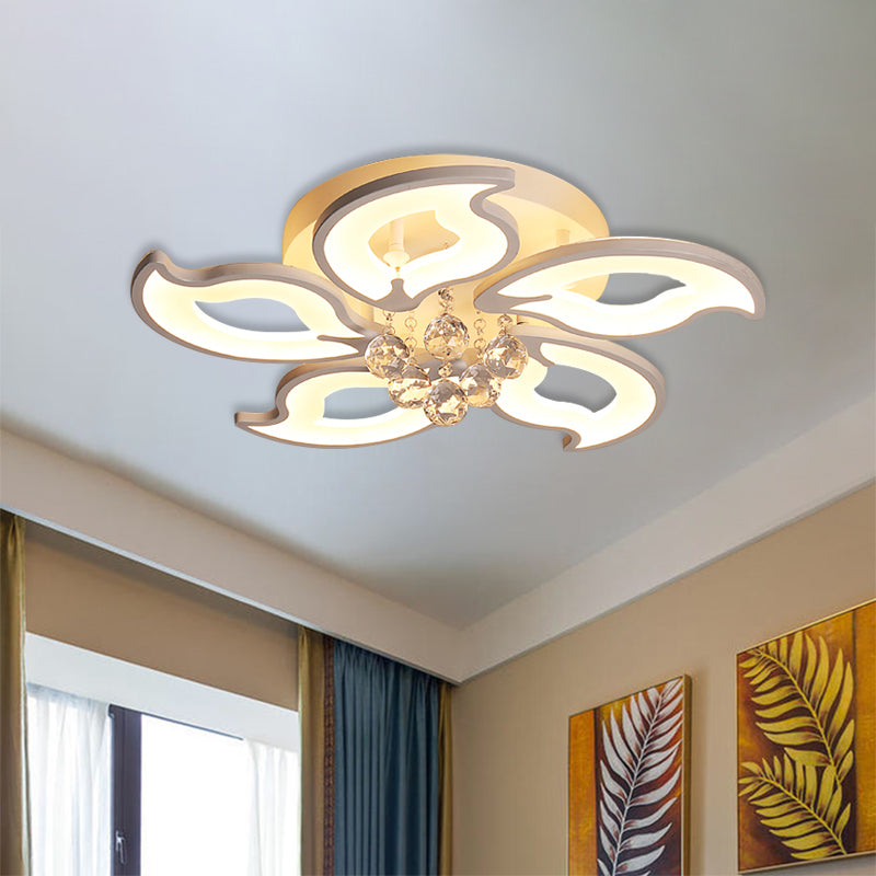 Leaf-Shape Semi Flush Lighting Modern Acrylic 5 Heads White LED Ceiling Flush with Crystal Orb Deco White Clearhalo 'Ceiling Lights' 'Close To Ceiling Lights' 'Close to ceiling' 'Semi-flushmount' Lighting' 898354