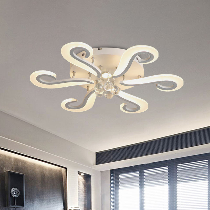 White Finish Hook Shaped Flush Mount Minimalist 6-Head Acrylic LED Semi Flush Light with Crystal Droplet White Clearhalo 'Ceiling Lights' 'Close To Ceiling Lights' 'Close to ceiling' 'Semi-flushmount' Lighting' 898358
