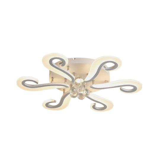 White Finish Hook Shaped Flush Mount Minimalist 6-Head Acrylic LED Semi Flush Light with Crystal Droplet Clearhalo 'Ceiling Lights' 'Close To Ceiling Lights' 'Close to ceiling' 'Semi-flushmount' Lighting' 898360