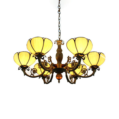 6 Lights Floral Chandelier Lamp Tiffany Vintage in Beige Glass for Living Room Lighting Fixture Beige Clearhalo 'Ceiling Lights' 'Chandeliers' 'Industrial' 'Middle Century Chandeliers' 'Pendant Lights' 'Tiffany Chandeliers' 'Tiffany close to ceiling' 'Tiffany' Lighting' 89837