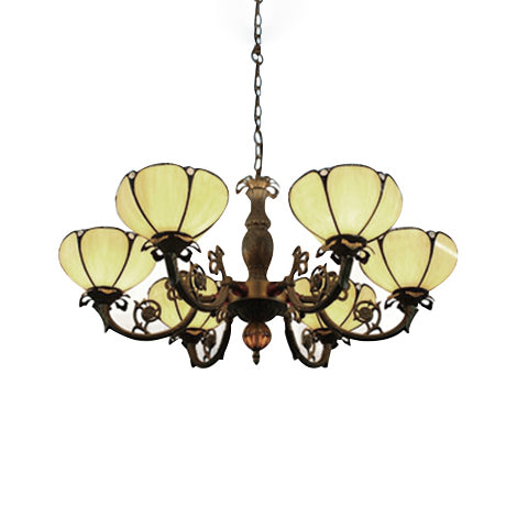 6 Lights Floral Chandelier Lamp Tiffany Vintage in Beige Glass for Living Room Lighting Fixture Clearhalo 'Ceiling Lights' 'Chandeliers' 'Industrial' 'Middle Century Chandeliers' 'Pendant Lights' 'Tiffany Chandeliers' 'Tiffany close to ceiling' 'Tiffany' Lighting' 89838