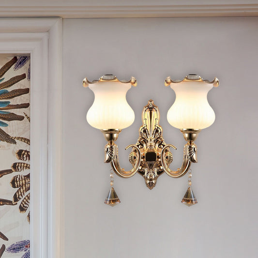 Gourd Shape Bedside Wall Light Fixture Opal Glass 2 Bulbs Mid Century Wall Mount Lamp in Gold Clearhalo 'Wall Lamps & Sconces' 'Wall Lights' Lighting' 898427