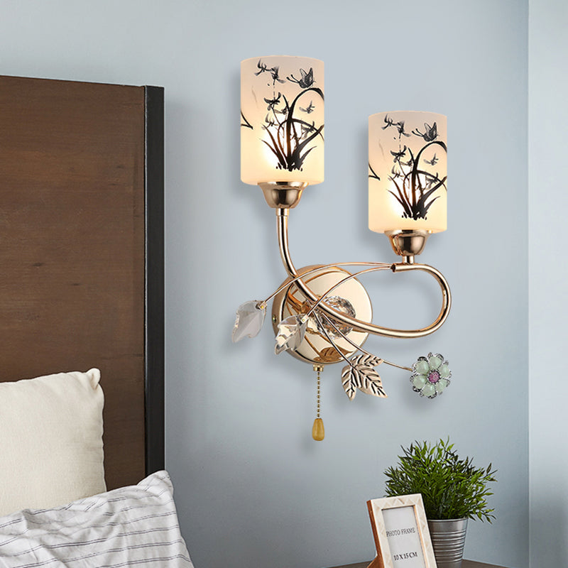 Modernism 2-Bulb Pull Chain Wall Lighting Idea with Painted Glass Shade Gold Cylinder Wall Lamp Gold Clearhalo 'Cast Iron' 'Glass' 'Industrial' 'Modern wall lights' 'Modern' 'Tiffany' 'Traditional wall lights' 'Wall Lamps & Sconces' 'Wall Lights' Lighting' 898460