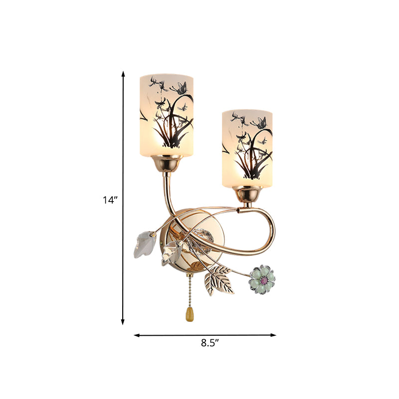 Modernism 2-Bulb Pull Chain Wall Lighting Idea with Painted Glass Shade Gold Cylinder Wall Lamp Clearhalo 'Cast Iron' 'Glass' 'Industrial' 'Modern wall lights' 'Modern' 'Tiffany' 'Traditional wall lights' 'Wall Lamps & Sconces' 'Wall Lights' Lighting' 898463