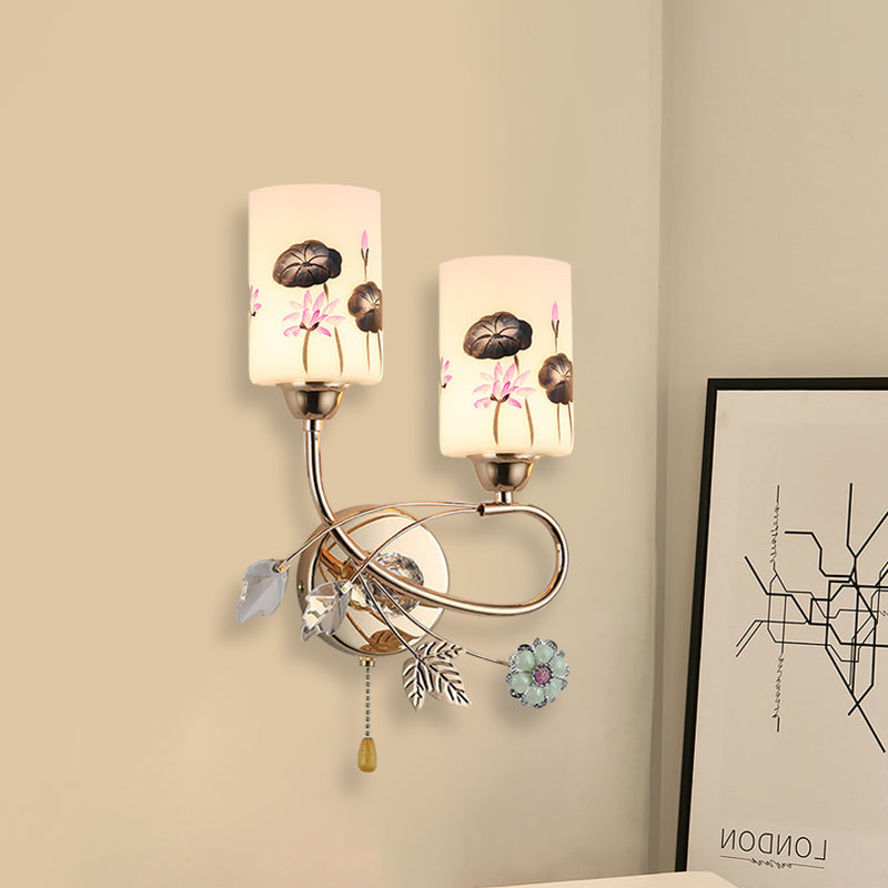 Cylinder Wall Lamp Modernism Lotus Painted Glass 2-Head Gold Finish Wall Light Sconce with Pull Chain Clearhalo 'Modern wall lights' 'Modern' 'Wall Lamps & Sconces' 'Wall Lights' Lighting' 898465