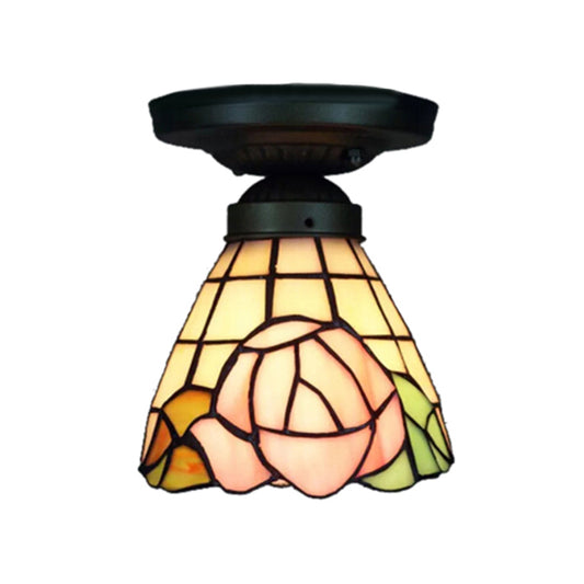 Rose Flush Ceiling Light Lodge Style Stained Glass 1 Light Flush Mount Lighting Pink Clearhalo 'Ceiling Lights' 'Close To Ceiling Lights' 'Close to ceiling' 'Glass shade' 'Glass' 'Semi-flushmount' 'Tiffany close to ceiling' 'Tiffany' Lighting' 89846