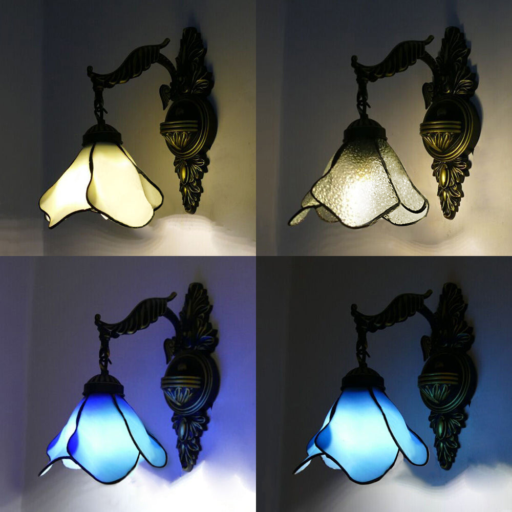 Clear/Pink/Light Blue/Dark Blue/Beige Petal Shade Wall Sconce Light Tiffany Style 1 Light Stained Glass Wall Lighting in Aged Brass Clearhalo 'Industrial' 'Middle century wall lights' 'Tiffany wall lights' 'Tiffany' 'Wall Lamps & Sconces' 'Wall Lights' Lighting' 89848