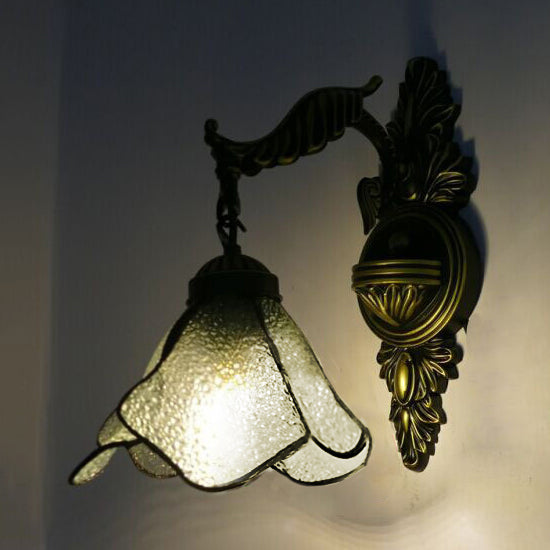 Clear/Pink/Light Blue/Dark Blue/Beige Petal Shade Wall Sconce Light Tiffany Style 1 Light Stained Glass Wall Lighting in Aged Brass Clearhalo 'Industrial' 'Middle century wall lights' 'Tiffany wall lights' 'Tiffany' 'Wall Lamps & Sconces' 'Wall Lights' Lighting' 89852