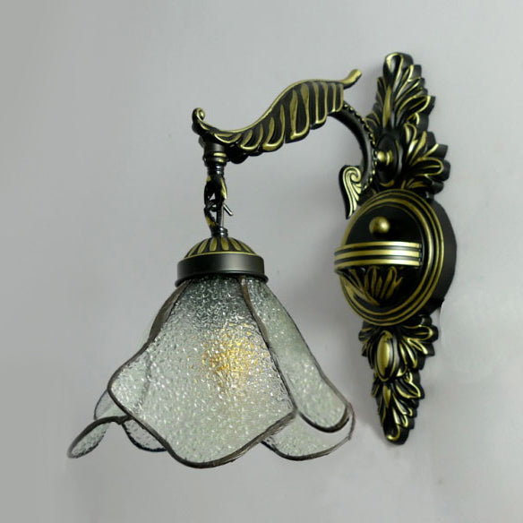 Clear/Pink/Light Blue/Dark Blue/Beige Petal Shade Wall Sconce Light Tiffany Style 1 Light Stained Glass Wall Lighting in Aged Brass Clearhalo 'Industrial' 'Middle century wall lights' 'Tiffany wall lights' 'Tiffany' 'Wall Lamps & Sconces' 'Wall Lights' Lighting' 89853