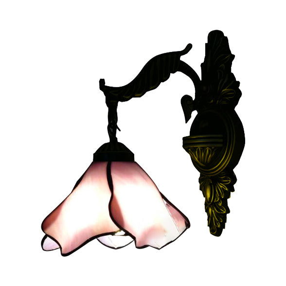 Clear/Pink/Light Blue/Dark Blue/Beige Petal Shade Wall Sconce Light Tiffany Style 1 Light Stained Glass Wall Lighting in Aged Brass Clearhalo 'Industrial' 'Middle century wall lights' 'Tiffany wall lights' 'Tiffany' 'Wall Lamps & Sconces' 'Wall Lights' Lighting' 89861