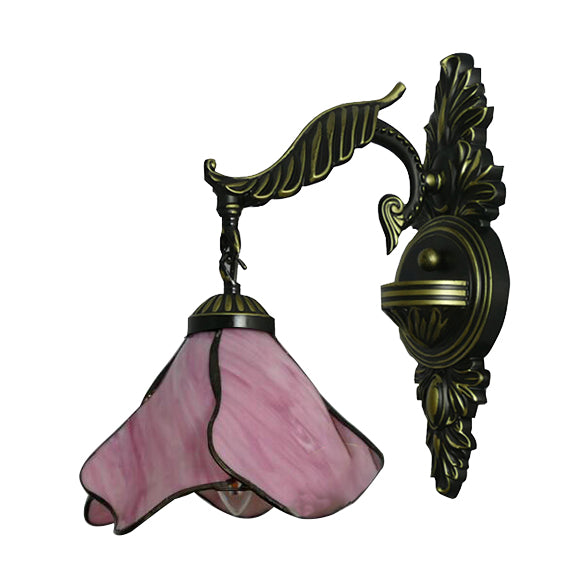 Clear/Pink/Light Blue/Dark Blue/Beige Petal Shade Wall Sconce Light Tiffany Style 1 Light Stained Glass Wall Lighting in Aged Brass Clearhalo 'Industrial' 'Middle century wall lights' 'Tiffany wall lights' 'Tiffany' 'Wall Lamps & Sconces' 'Wall Lights' Lighting' 89862