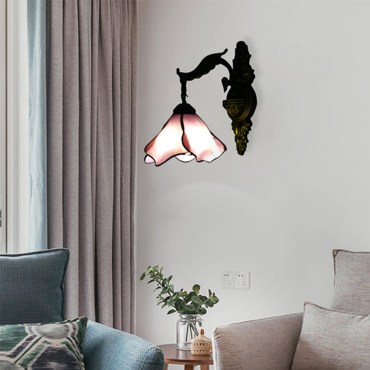 Clear/Pink/Light Blue/Dark Blue/Beige Petal Shade Wall Sconce Light Tiffany Style 1 Light Stained Glass Wall Lighting in Aged Brass Pink Clearhalo 'Industrial' 'Middle century wall lights' 'Tiffany wall lights' 'Tiffany' 'Wall Lamps & Sconces' 'Wall Lights' Lighting' 89863