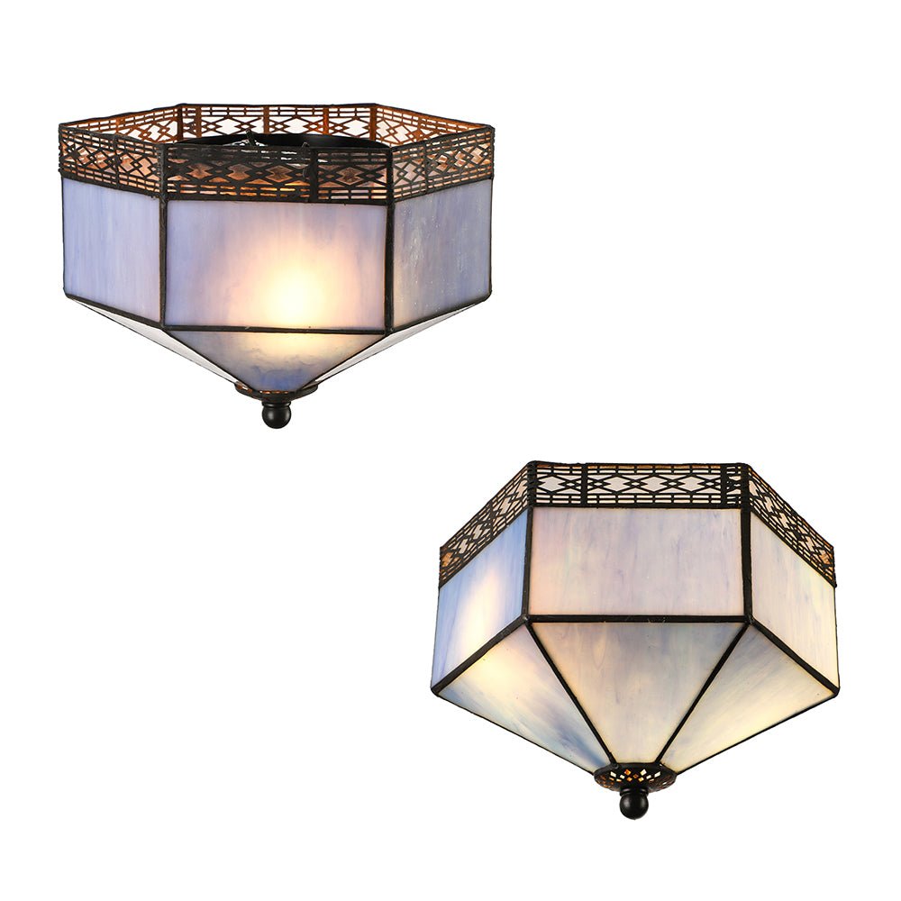Blue Ceiling Light for Bedroom 2 Lights Tiffany Flush Mount Light Fixture with Art Glass Geometric Shade Clearhalo 'Ceiling Lights' 'Close To Ceiling Lights' 'Close to ceiling' 'Flush mount' Lighting' 89870