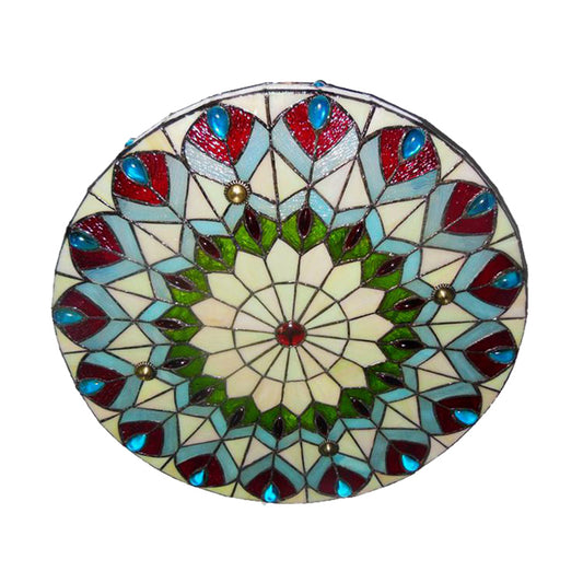 Stained Glass Ceiling Light Fixture Tiffany Style 3-Light Drum Flush Mount Light Fixture with Peacock and Jewel Clearhalo 'Ceiling Lights' 'Close To Ceiling Lights' 'Close to ceiling' 'Flush mount' Lighting' 89887