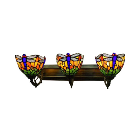 Stained Glass Dragonfly Wall Lamp Lodge Style 3 Lights Wall Sconce Lighting in Antique Brass Clearhalo 'Industrial' 'Middle century wall lights' 'Tiffany wall lights' 'Tiffany' 'Wall Lamps & Sconces' 'Wall Lights' Lighting' 89988