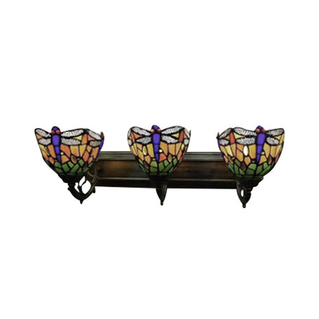 Stained Glass Dragonfly Wall Lamp Lodge Style 3 Lights Wall Sconce Lighting in Antique Brass Clearhalo 'Industrial' 'Middle century wall lights' 'Tiffany wall lights' 'Tiffany' 'Wall Lamps & Sconces' 'Wall Lights' Lighting' 89989