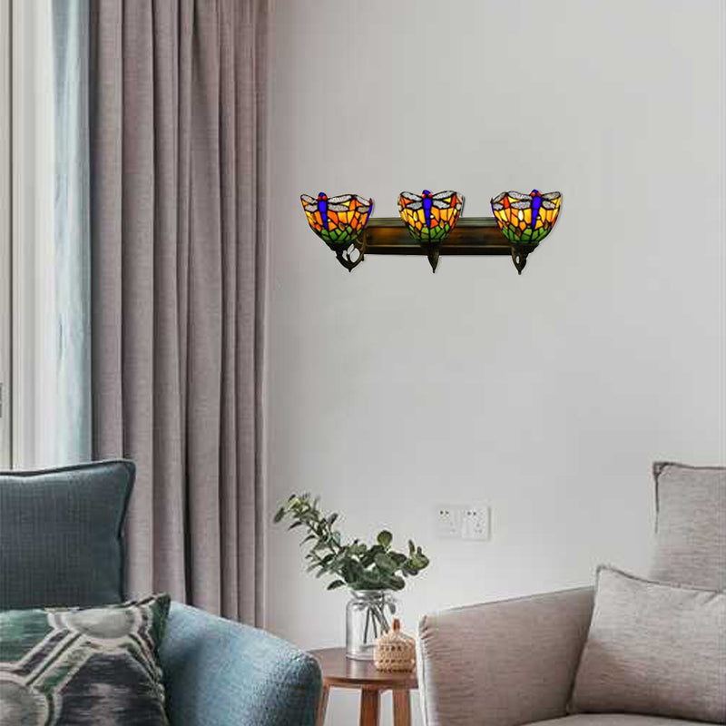 Stained Glass Dragonfly Wall Lamp Lodge Style 3 Lights Wall Sconce Lighting in Antique Brass Antique Brass Clearhalo 'Industrial' 'Middle century wall lights' 'Tiffany wall lights' 'Tiffany' 'Wall Lamps & Sconces' 'Wall Lights' Lighting' 89990