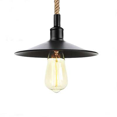 Metal Flat/Cone Pendant Lighting Industrial 7"/8.5" Width 1 Light Living Room Hanging Lamp in Black with Rope Cord Clearhalo 'Art Deco Pendants' 'Black' 'Cast Iron' 'Ceiling Lights' 'Ceramic' 'Crystal' 'Industrial Pendants' 'Industrial' 'Metal' 'Middle Century Pendants' 'Pendant Lights' 'Pendants' 'Rustic Pendants' 'Tiffany' Lighting' 8