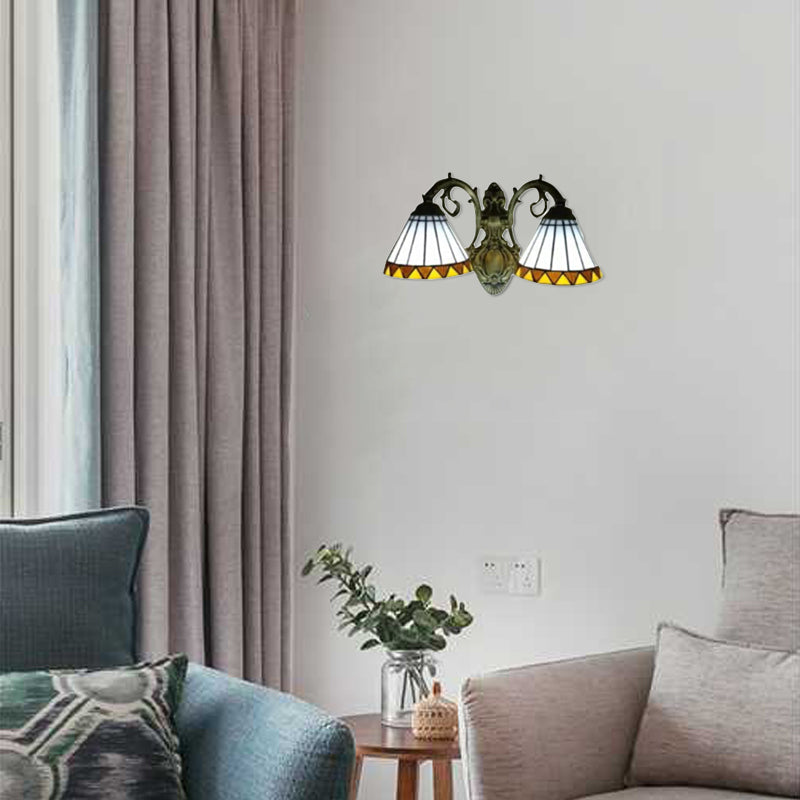 White Glass Cone Wall Sconce with Curved Arm 2 Lights Tiffany Wall Lighting in Brass White Clearhalo 'Industrial' 'Middle century wall lights' 'Tiffany wall lights' 'Tiffany' 'Wall Lamps & Sconces' 'Wall Lights' Lighting' 90178