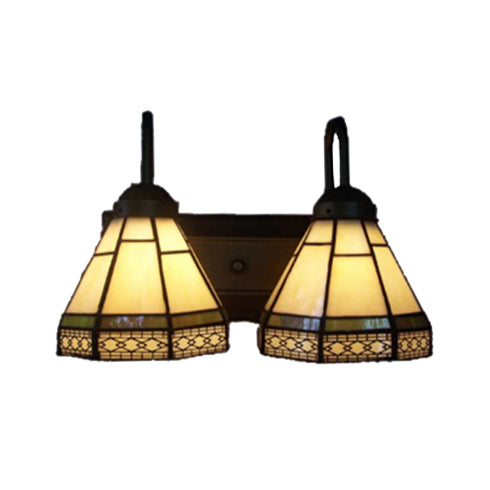 Beige Glass Cone Sconce Lighting Tiffany 2 Heads Black Wall Mounted Light for Living Room - Clearhalo - 'Industrial' - 'Middle century wall lights' - 'Tiffany wall lights' - 'Tiffany' - 'Wall Lamps & Sconces' - 'Wall Lights' - Lighting' - 90180