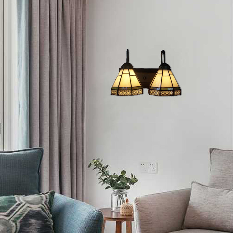 Beige Glass Cone Sconce Lighting Tiffany 2 Heads Black Wall Mounted Light for Living Room Beige Clearhalo 'Industrial' 'Middle century wall lights' 'Tiffany wall lights' 'Tiffany' 'Wall Lamps & Sconces' 'Wall Lights' Lighting' 90182