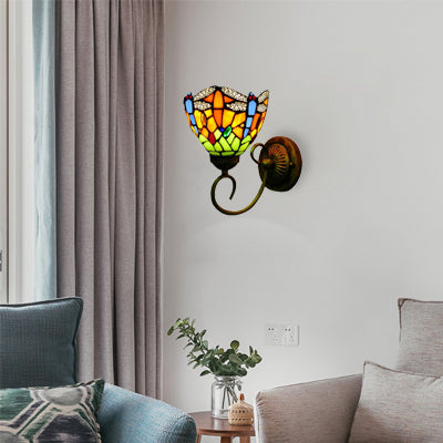 Stained Glass Dragonfly Wall Lamp Loft Style 1 Lights Wall Light Fixture for Bedroom Brass Clearhalo 'Industrial' 'Middle century wall lights' 'Tiffany wall lights' 'Tiffany' 'Wall Lamps & Sconces' 'Wall Lights' Lighting' 90210
