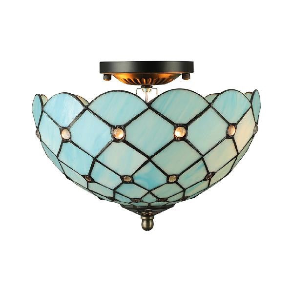 Blue Ceiling Light for Bedroom 2-Light Floral Semi Flush Mount Lighting with Jewel Decoration Tiffany Style Blue Clearhalo 'Ceiling Lights' 'Chandeliers' 'Close To Ceiling Lights' 'Close to ceiling' 'Glass shade' 'Glass' 'Semi-flushmount' 'Tiffany close to ceiling' 'Tiffany' Lighting' 90235