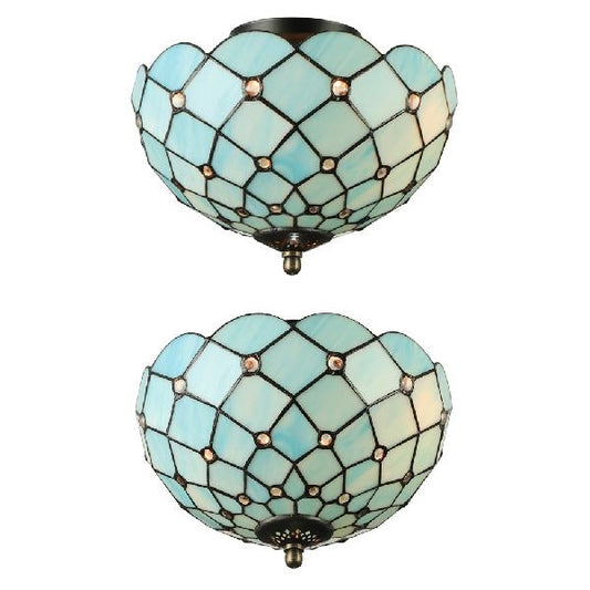 Blue Ceiling Light for Bedroom 2-Light Floral Semi Flush Mount Lighting with Jewel Decoration Tiffany Style Clearhalo 'Ceiling Lights' 'Chandeliers' 'Close To Ceiling Lights' 'Close to ceiling' 'Glass shade' 'Glass' 'Semi-flushmount' 'Tiffany close to ceiling' 'Tiffany' Lighting' 90236