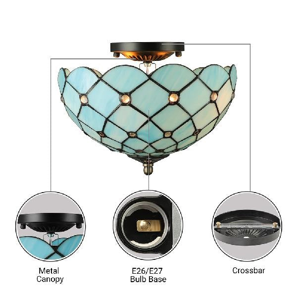 Blue Ceiling Light for Bedroom 2-Light Floral Semi Flush Mount Lighting with Jewel Decoration Tiffany Style Clearhalo 'Ceiling Lights' 'Chandeliers' 'Close To Ceiling Lights' 'Close to ceiling' 'Glass shade' 'Glass' 'Semi-flushmount' 'Tiffany close to ceiling' 'Tiffany' Lighting' 90238