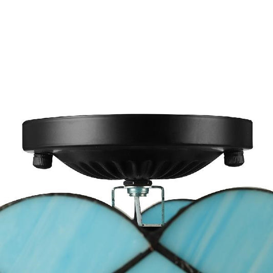 Blue Ceiling Light for Bedroom 2-Light Floral Semi Flush Mount Lighting with Jewel Decoration Tiffany Style Clearhalo 'Ceiling Lights' 'Chandeliers' 'Close To Ceiling Lights' 'Close to ceiling' 'Glass shade' 'Glass' 'Semi-flushmount' 'Tiffany close to ceiling' 'Tiffany' Lighting' 90239
