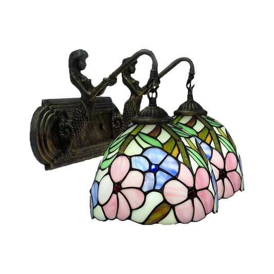 Pink Flower Wall Lighting Fixture Tiffany 3 Heads Multicolor Stained Glass Sconce Light Clearhalo 'Industrial' 'Middle century wall lights' 'Tiffany wall lights' 'Tiffany' 'Wall Lamps & Sconces' 'Wall Lights' Lighting' 90255