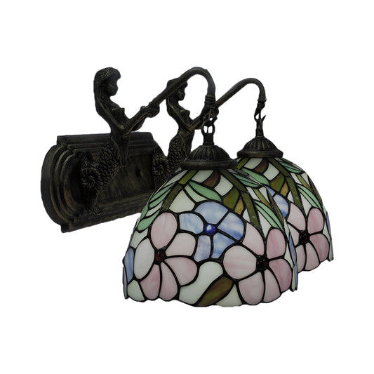 Pink Flower Wall Lighting Fixture Tiffany 3 Heads Multicolor Stained Glass Sconce Light Clearhalo 'Industrial' 'Middle century wall lights' 'Tiffany wall lights' 'Tiffany' 'Wall Lamps & Sconces' 'Wall Lights' Lighting' 90256