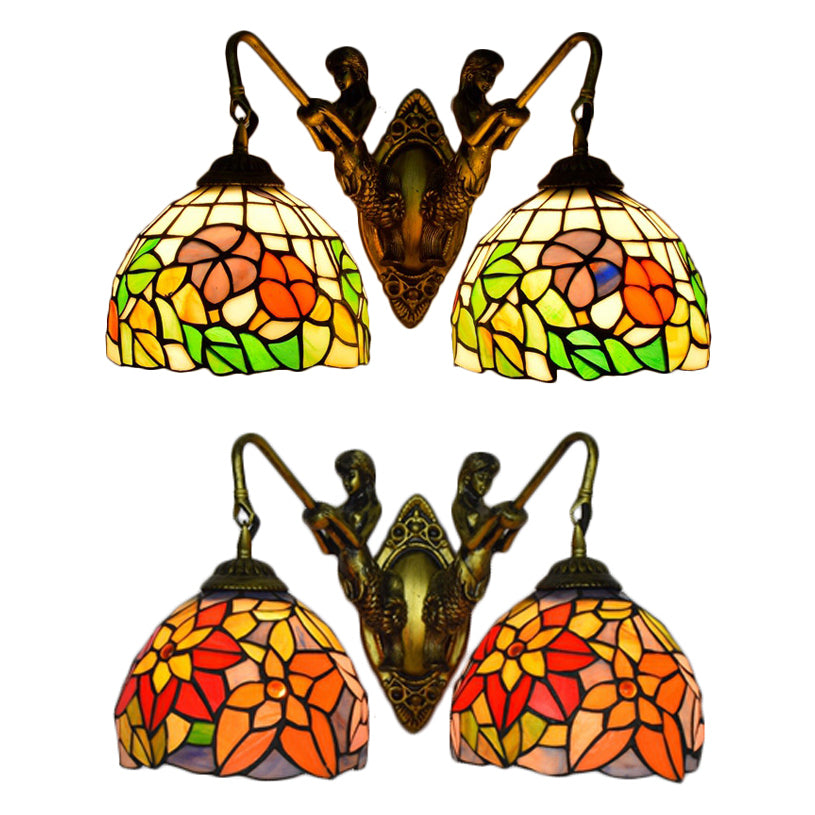 2 Heads Bowl Sconce Light Victorian Orange Red/Green Glass Wall Mounted Light for Living Room Clearhalo 'Industrial' 'Middle century wall lights' 'Tiffany wall lights' 'Tiffany' 'Wall Lamps & Sconces' 'Wall Lights' Lighting' 90263