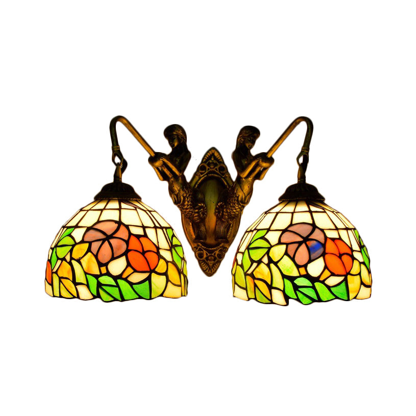 2 Heads Bowl Sconce Light Victorian Orange Red/Green Glass Wall Mounted Light for Living Room Clearhalo 'Industrial' 'Middle century wall lights' 'Tiffany wall lights' 'Tiffany' 'Wall Lamps & Sconces' 'Wall Lights' Lighting' 90264