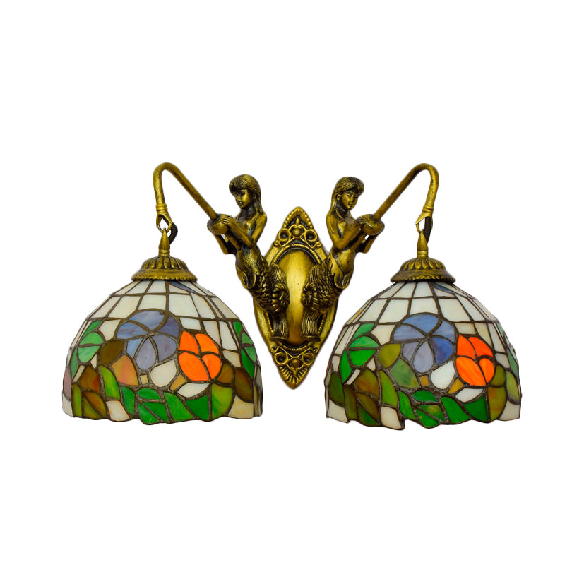 2 Heads Bowl Sconce Light Victorian Orange Red/Green Glass Wall Mounted Light for Living Room Clearhalo 'Industrial' 'Middle century wall lights' 'Tiffany wall lights' 'Tiffany' 'Wall Lamps & Sconces' 'Wall Lights' Lighting' 90265