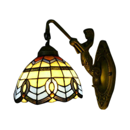 1 Head Sconce Light Baroque Dome Yellow-Blue Glass Wall Light Fixture with Mermaid Decoration Clearhalo 'Industrial' 'Middle century wall lights' 'Tiffany wall lights' 'Tiffany' 'Wall Lamps & Sconces' 'Wall Lights' Lighting' 90274