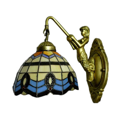 1 Head Sconce Light Baroque Dome Yellow-Blue Glass Wall Light Fixture with Mermaid Decoration Clearhalo 'Industrial' 'Middle century wall lights' 'Tiffany wall lights' 'Tiffany' 'Wall Lamps & Sconces' 'Wall Lights' Lighting' 90275