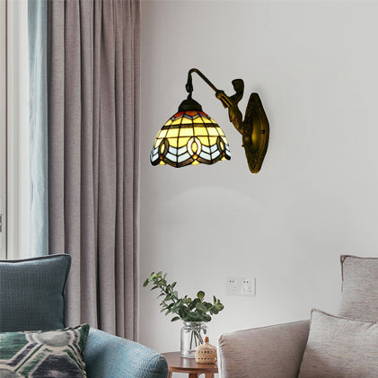 1 Head Sconce Light Baroque Dome Yellow-Blue Glass Wall Light Fixture with Mermaid Decoration Yellow-Blue Clearhalo 'Industrial' 'Middle century wall lights' 'Tiffany wall lights' 'Tiffany' 'Wall Lamps & Sconces' 'Wall Lights' Lighting' 90276