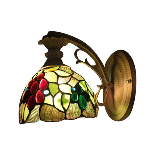 Stained Glass Dome Sconce Lighting Rustic Tiffany 1 Bulb Wall Mount Light in Brass Clearhalo 'Industrial' 'Middle century wall lights' 'Tiffany wall lights' 'Tiffany' 'Wall Lamps & Sconces' 'Wall Lights' Lighting' 90307