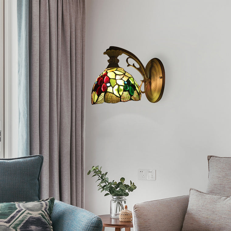 Stained Glass Dome Sconce Lighting Rustic Tiffany 1 Bulb Wall Mount Light in Brass Brass Clearhalo 'Industrial' 'Middle century wall lights' 'Tiffany wall lights' 'Tiffany' 'Wall Lamps & Sconces' 'Wall Lights' Lighting' 90309