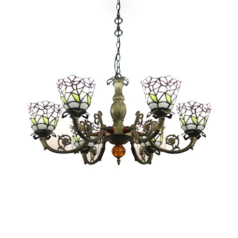 Tiffany Chandeliers for Dining Rooms 6 Lights Stained Glass Ceiling Pendant Lamp with Floral Shade White Clearhalo 'Ceiling Lights' 'Chandeliers' 'Industrial' 'Middle Century Chandeliers' 'Pendant Lights' 'Tiffany Chandeliers' 'Tiffany close to ceiling' 'Tiffany' Lighting' 90323