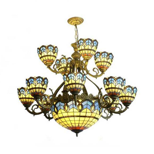 Tiffany Chandeliers for Dining Room 15-Light Domed Hanging Lighting with Adjustable Chain and Art Glass Shade Brass Clearhalo 'Ceiling Lights' 'Chandeliers' 'Industrial' 'Middle Century Chandeliers' 'Tiffany Chandeliers' 'Tiffany close to ceiling' 'Tiffany' Lighting' 90392