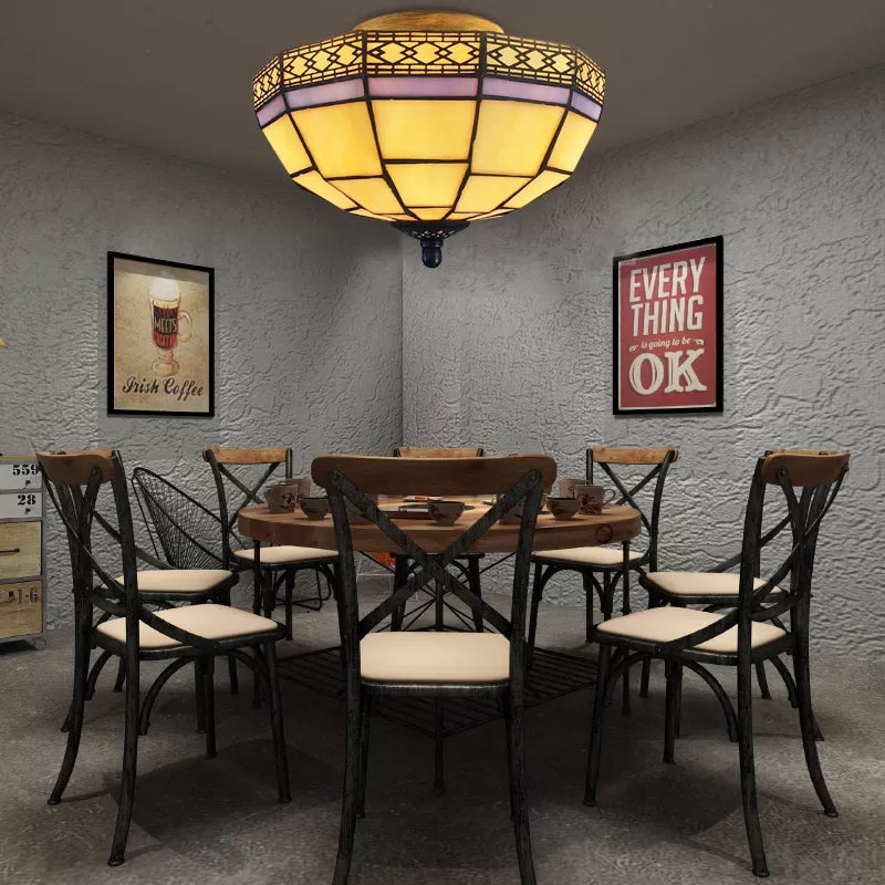 Mission Ceiling Light, Tiffany Style Semi Flush Mount Light with Stained Glass Geometric Shade Purple Clearhalo 'Ceiling Lights' 'Close To Ceiling Lights' 'Close to ceiling' 'Glass shade' 'Glass' 'Semi-flushmount' 'Tiffany close to ceiling' 'Tiffany' Lighting' 90410