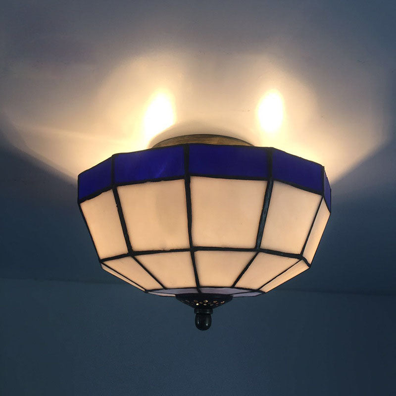 Mission Ceiling Light, Tiffany Style Semi Flush Mount Light with Stained Glass Geometric Shade Clearhalo 'Ceiling Lights' 'Close To Ceiling Lights' 'Close to ceiling' 'Glass shade' 'Glass' 'Semi-flushmount' 'Tiffany close to ceiling' 'Tiffany' Lighting' 90421