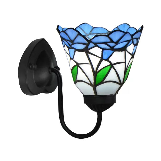 Stained Glass Flower Wall Light Fixture Tiffany 1 Head White/Black/Sky Blue Sconce Light for Living Room Clearhalo 'Industrial' 'Middle century wall lights' 'Tiffany wall lights' 'Tiffany' 'Wall Lamps & Sconces' 'Wall Lights' Lighting' 90481