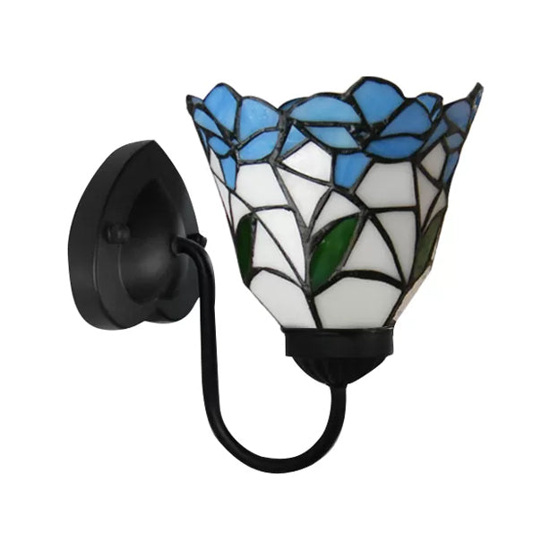 Stained Glass Flower Wall Light Fixture Tiffany 1 Head White/Black/Sky Blue Sconce Light for Living Room Clearhalo 'Industrial' 'Middle century wall lights' 'Tiffany wall lights' 'Tiffany' 'Wall Lamps & Sconces' 'Wall Lights' Lighting' 90482