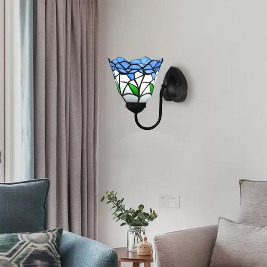 Stained Glass Flower Wall Light Fixture Tiffany 1 Head White/Black/Sky Blue Sconce Light for Living Room Sky Blue Clearhalo 'Industrial' 'Middle century wall lights' 'Tiffany wall lights' 'Tiffany' 'Wall Lamps & Sconces' 'Wall Lights' Lighting' 90483